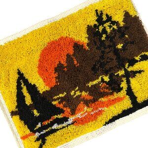 Vintage Latch Hook Rug Wall Hanging Sunset Sailboat 1970s Yellow Orange Brown